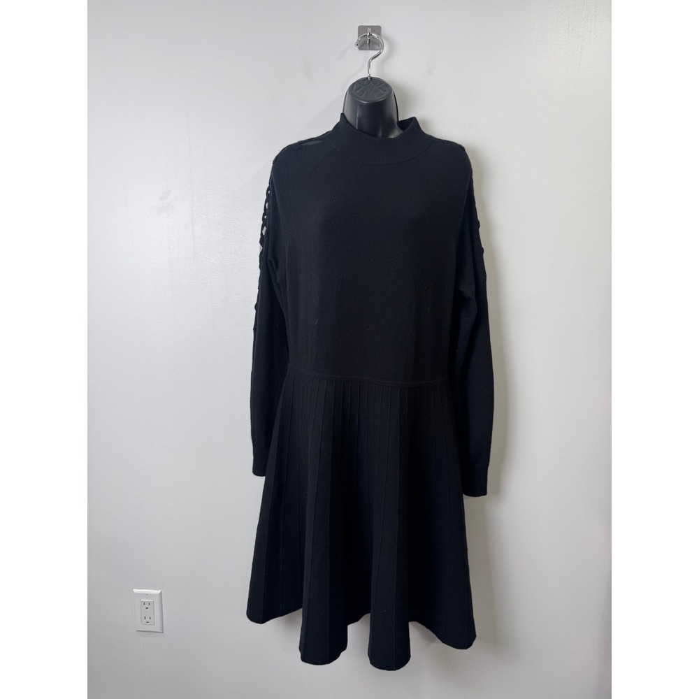 Lela Rose Women Black Knit Wool Silk Blend Pleated Lattice Sleeve Dress Large